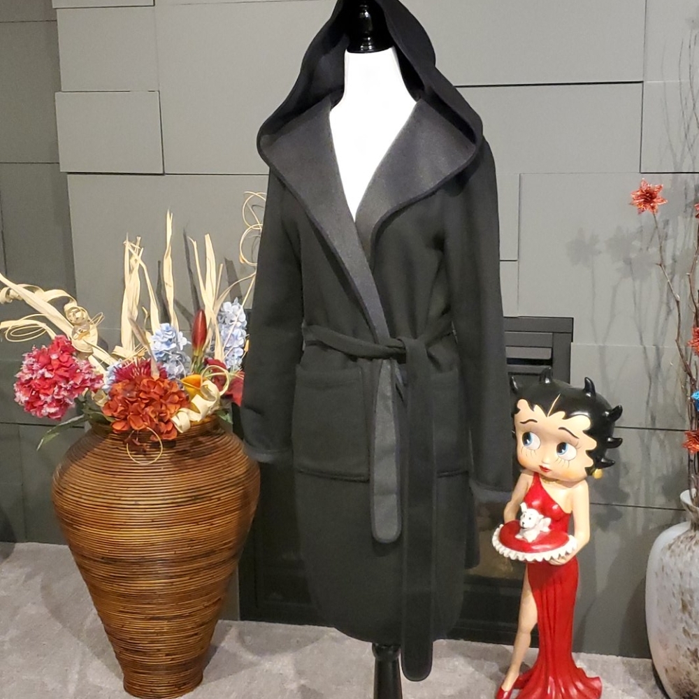 EUC Wrap Style Hooded Coat Wool Blend